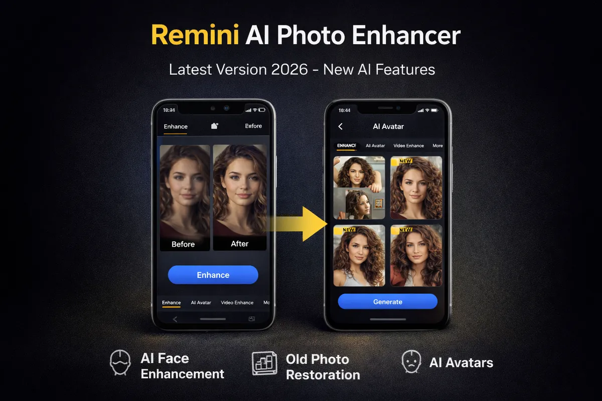 Remini AI photo enhancer app interface showing new features