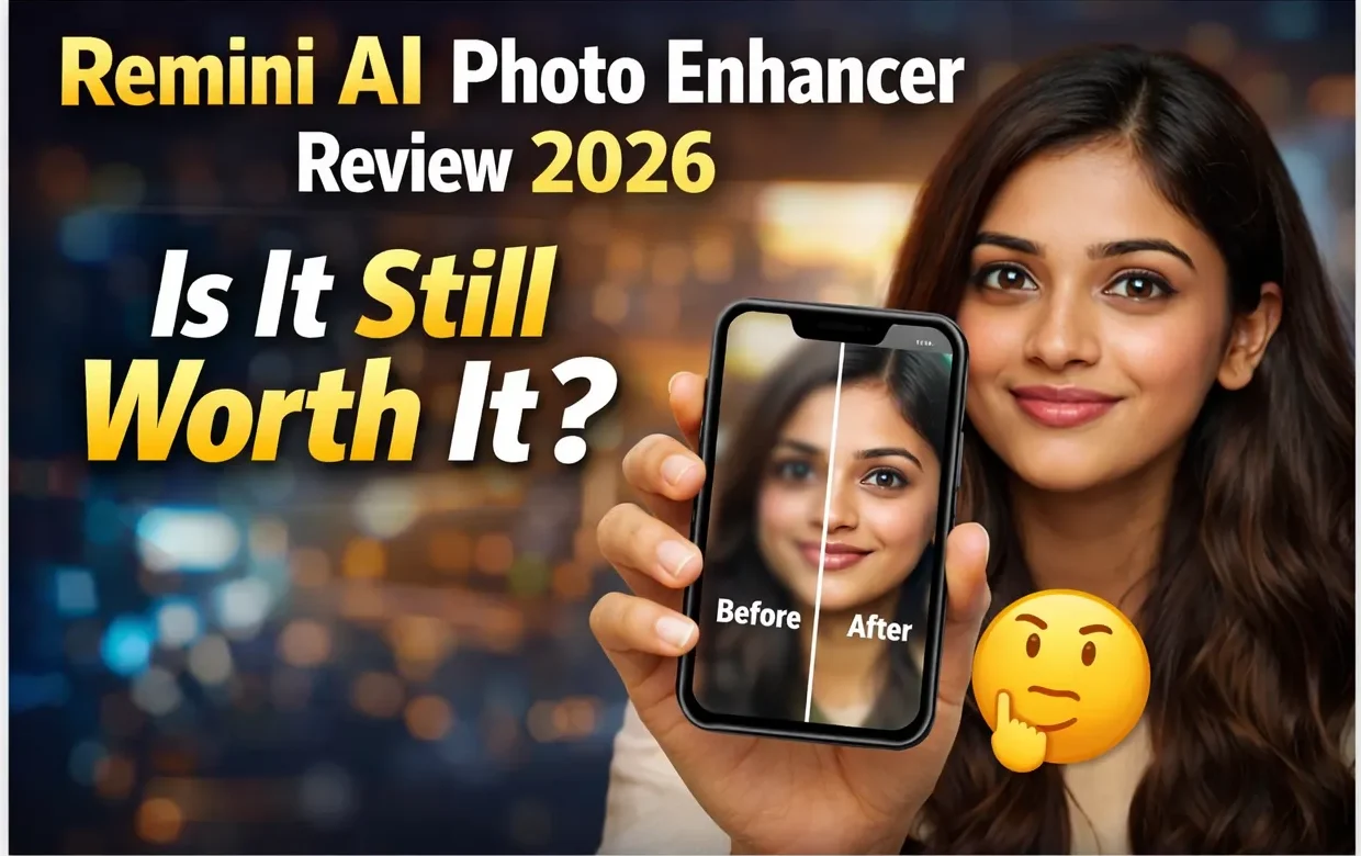 Remini AI Photo Enhancer Review 2026 – before and after comparison showing photo enhancement results