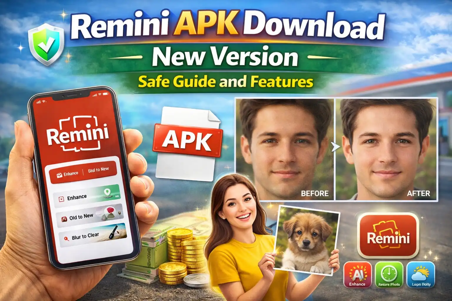 Remini APK download new version thumbnail showing app interface, photo enhancement before after comparison, and safe guide features