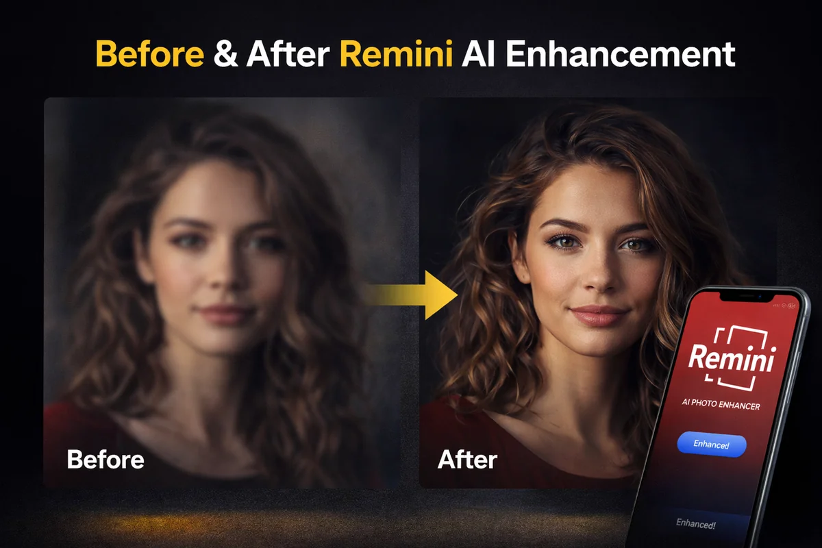 Remini AI before and after photo enhancement comparison