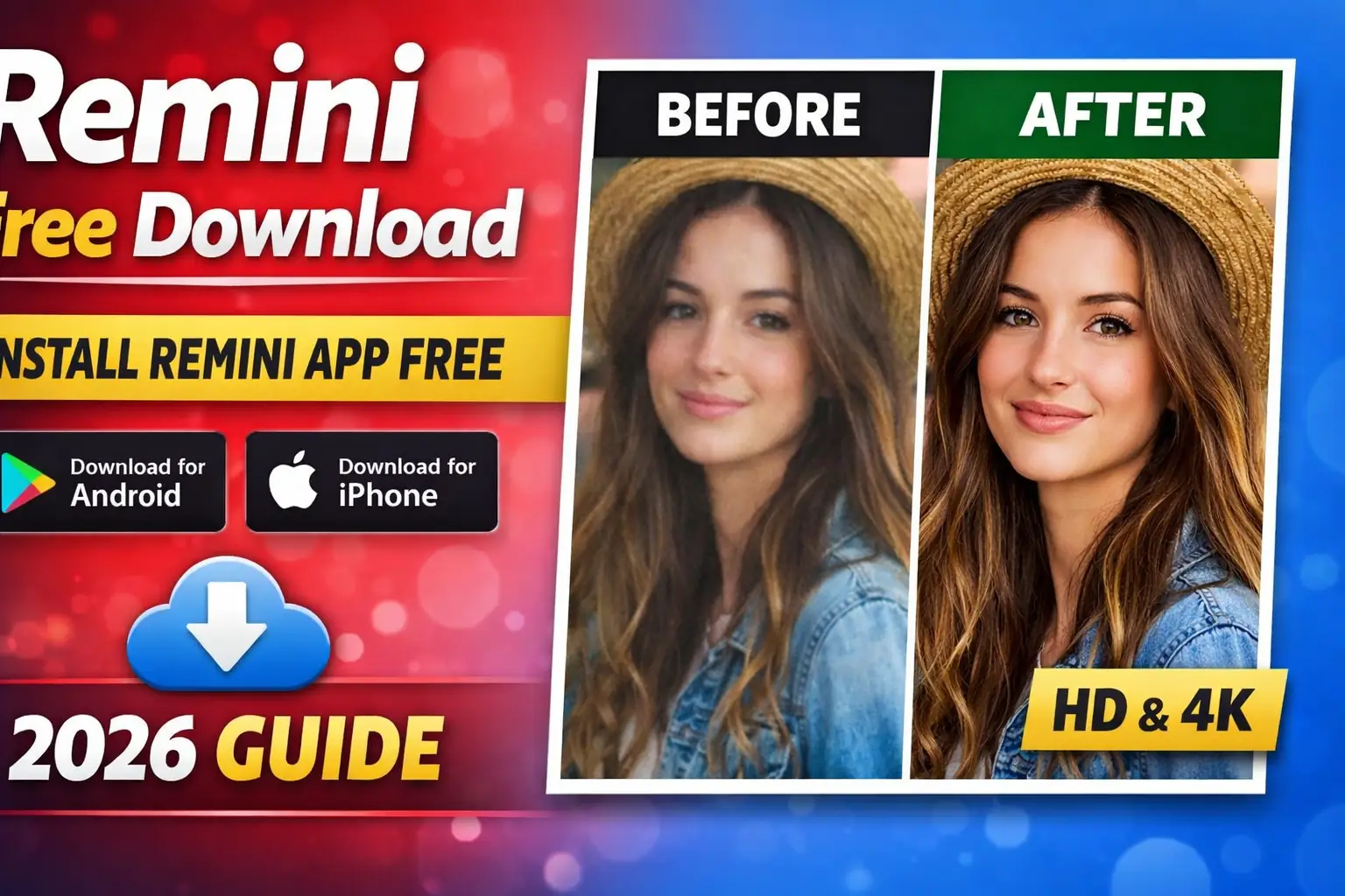 Remini Free Download 2026 guide showing how to install Remini AI photo enhancer app