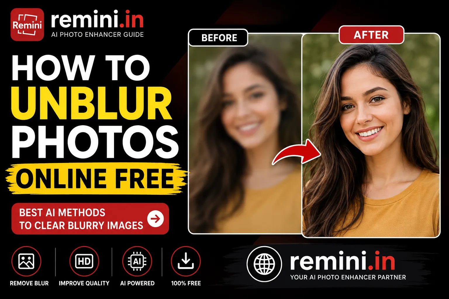 Unblur photos online free with AI photo enhancer before and after HD image comparison thumbnail for remini.in