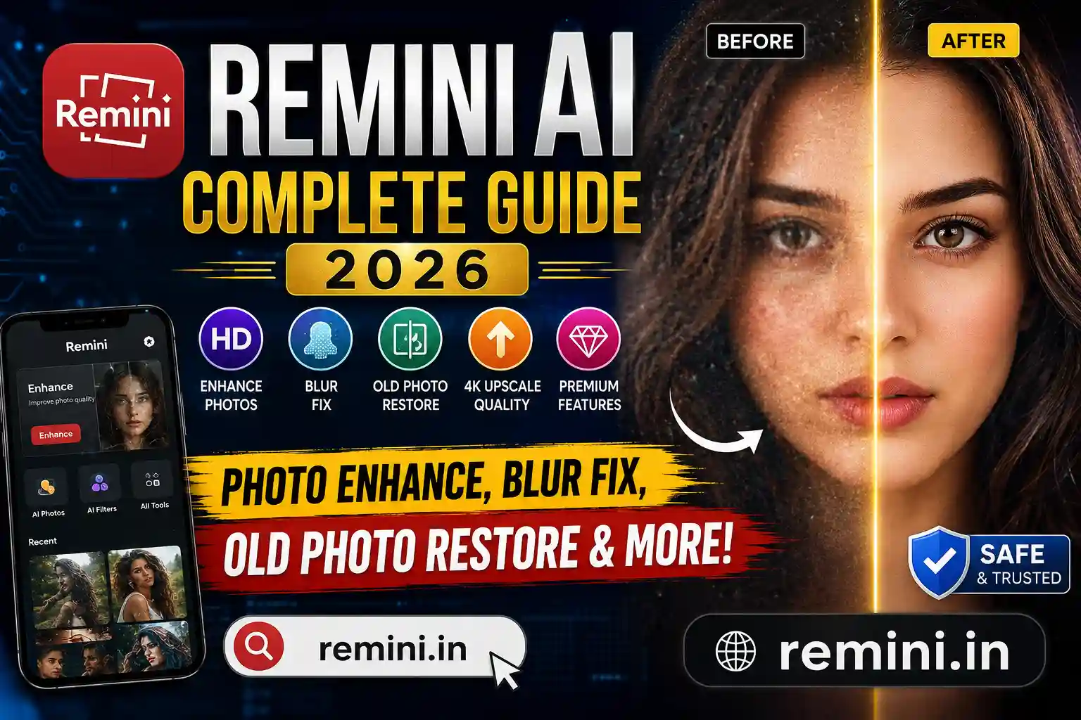 Remini AI complete guide 2026 photo enhancement thumbnail with blur fix and old photo restore preview