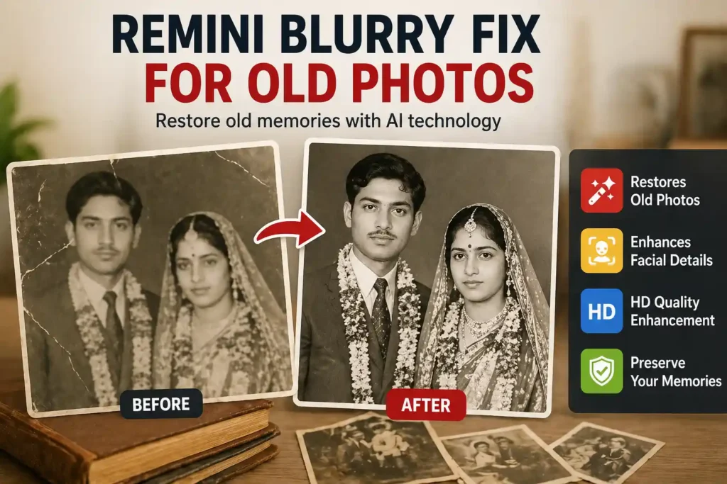 Remini blurry fix for old photos showing before and after AI restored family wedding image in HD quality