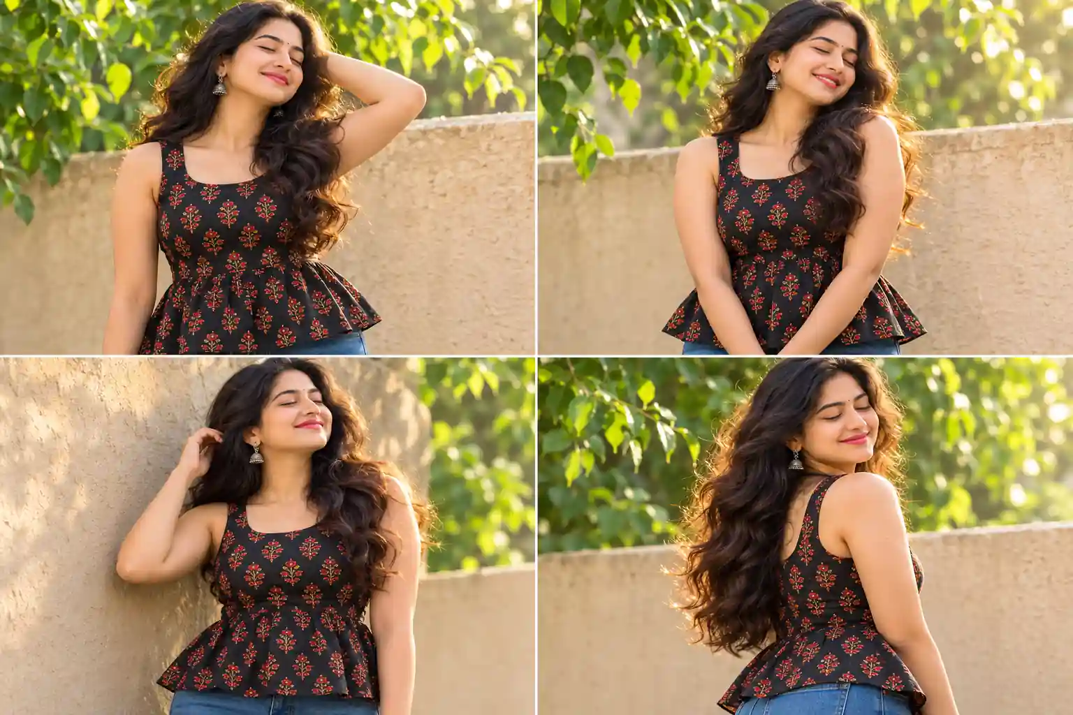 High-quality 4-panel collage of a beautiful Indian woman wearing a black floral peplum top and blue denim jeans in golden hour sunlight, photorealistic 8K AI image.
